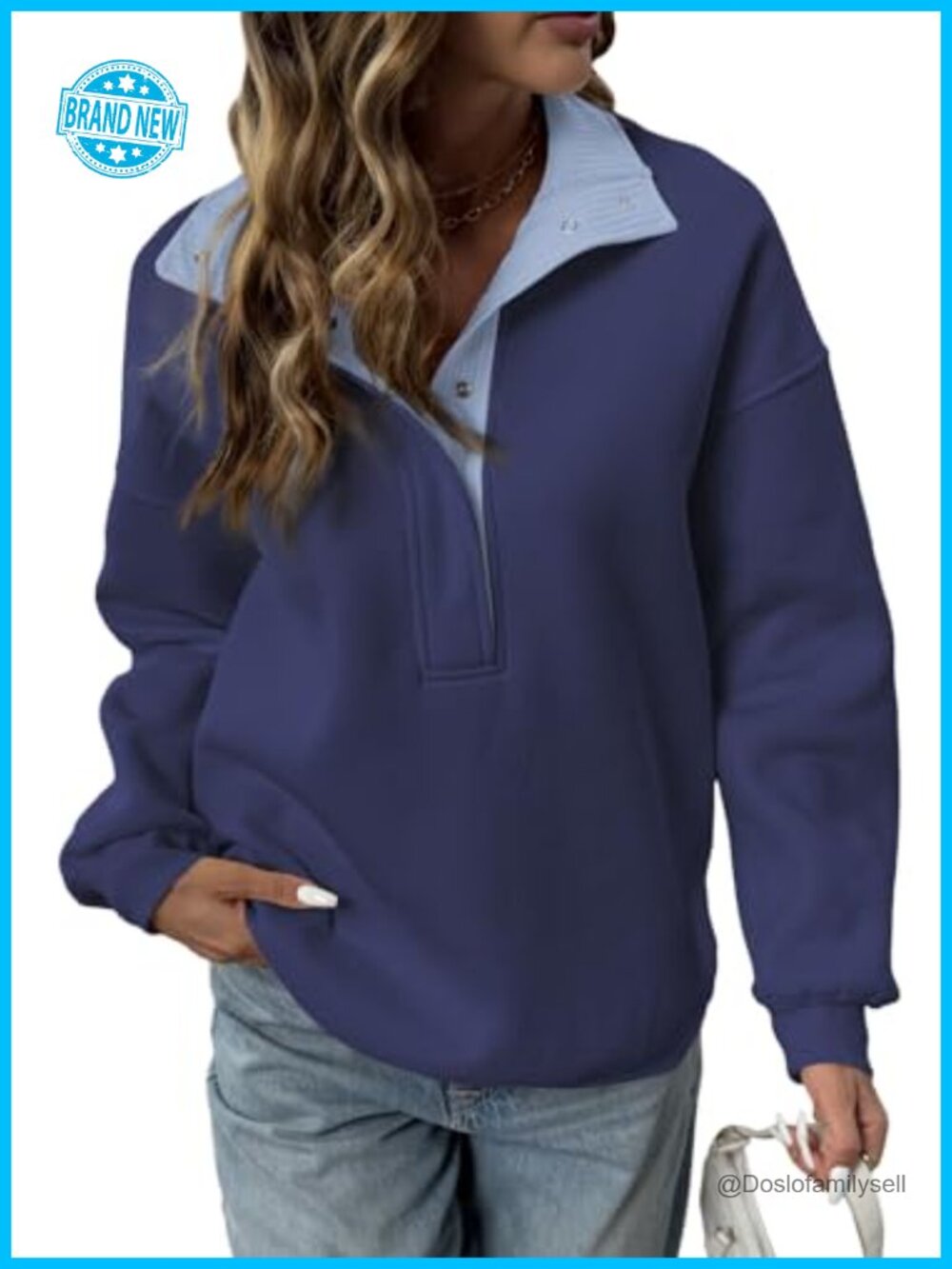 Mock Neck Oversized Henley Sweatshirt Cotton Poly Long Sleeve Pullover